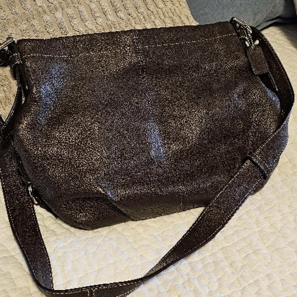 Elegant Dark Brown Leather Coach Shoulder Bag